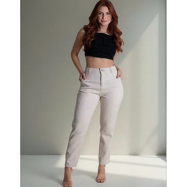 Calça Feminina Alfaiataria Mom Linho Cintura Alta Original 
