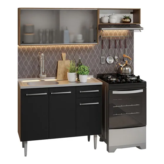 Mueble de Cocina Compacto de 165cm con Tarja Emilly Madesa 05 Color Rústico/Negro