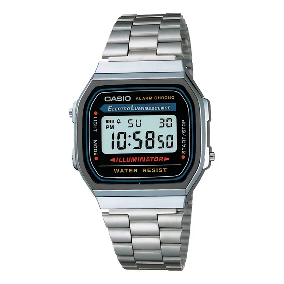 Reloj pulsera digital Casio A-168wgg con correa de acero inoxidable color plateado - fondo gris/negro/azul