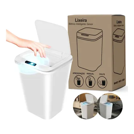 Lixeira Automática Inteligente 16l Branca Sensor De Aproximação Tampa Touchless Recarregável Usb Sistema Anti Odor Branco