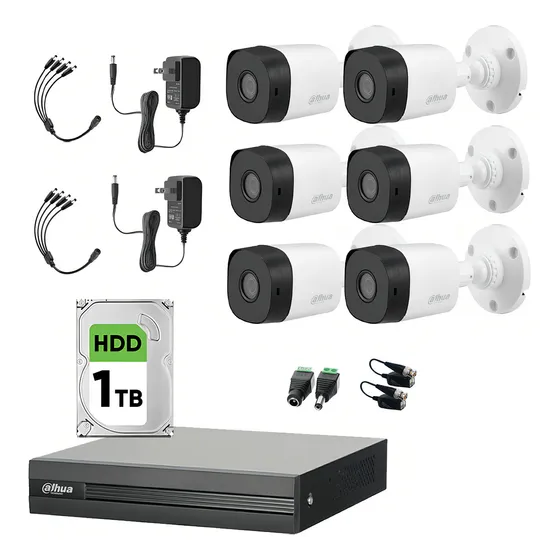 Kit Videovigilancia Cronos 6 Cámaras Dahua Bala B1A21 2MP + HDD 1TB + Accesorios - Kit CCTV DH-KIT8CH-2MP-PLUS-1TB6SC (DVR Dahua XVR1B08-I Circuito Cerrado)