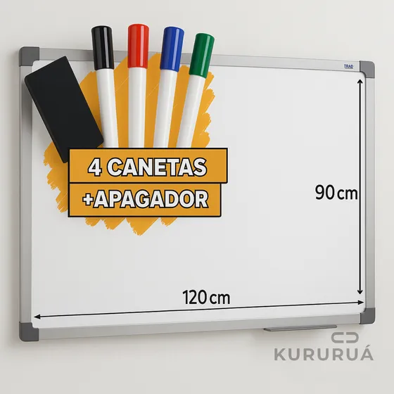 Lousa Quadro Branco Grande 120x90cm Para Escritorio Sala De Aula Com 4 Canetas Mais Apagador Marca Kururuá