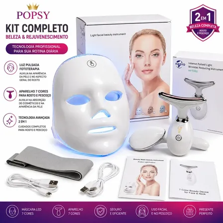 Kit Popsy Beleza com Máscara Facial LED 7 Cores e Aparelho de Rosto para Skincare
