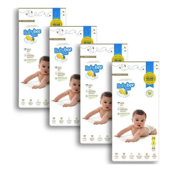 Kit 4 Pacotes Fraldas Bebê Pele Sensível Premium Baby Bee