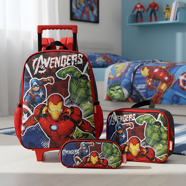 Kit Mochila C/ Rodas Estojo E Lancheira Avengers Luxcel Preto Liso