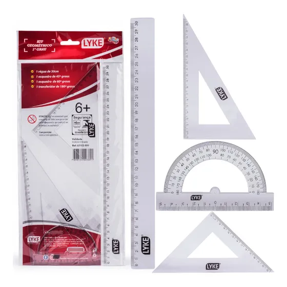 Kit Geométrico 4 Peças Régua Esquadro Transferidor Escolar