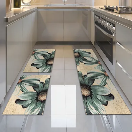 Tapete De Cozinha Jogo 3 Peças Light Antiderrapante Comprimento 1.2 m Cor Bege Desenho do tecido Flor Largura 34 cm