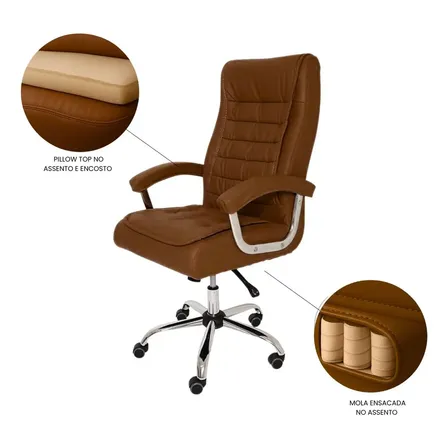 Cadeira De Escritório Miami Presidente Ergonômica Tecnológica Com 42 Molas Ensacadas Revestimento Pillow Top No Assento E No Encosto Com Sistema Relax E Trava Cor Marrom Luvinco Couro Sintético