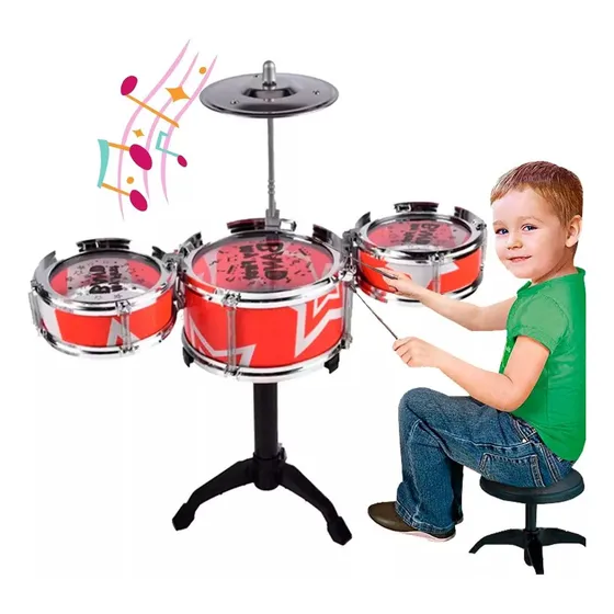 Bateria Infantil Crianças Brinquedobanco Baqueta Rock Star Cor Vermelho