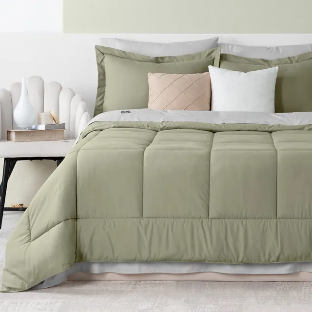 Set 7 piezas Edredón Matrimonial Real Textil Verde/Gris Duvet y Sábanas RT