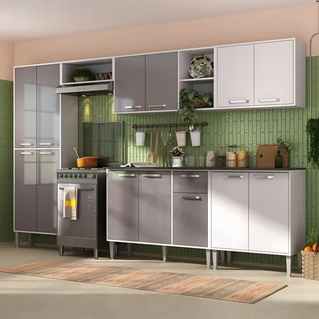 Armário De Cozinha Compacta Balcão C/ Tampo 6 Pçs Xangai Jazz Multimóveis Branco/lacca Fumê