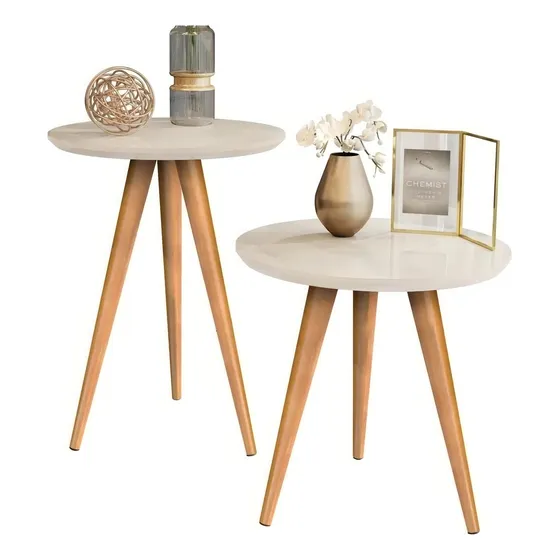 Duas Mesinhas Laterais Sofa Sala Madeira Canto Maravilhosas Cor Off white MDF House Store