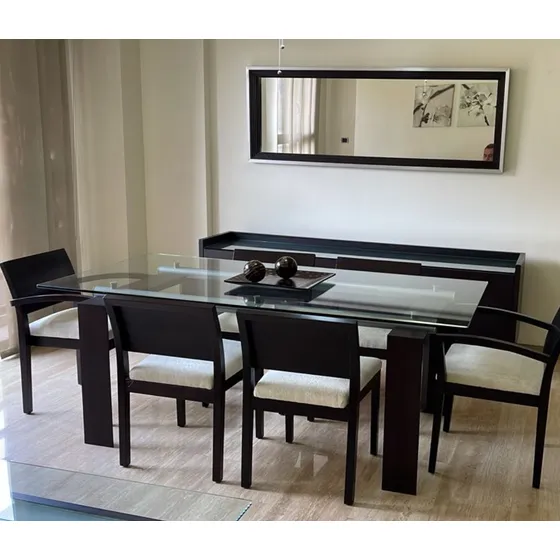 Comedor Madera Tope Vidrio , 6 Sillas Bife Espejo