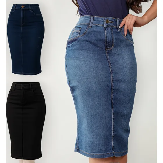 Saia Jeans Feminina Midi Moda Modesta Comportada Secretária