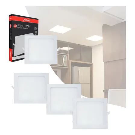 4 Painel Led Plafon 18w Quadrado Embutir 6500k 22x22cm Biv Cor Branco