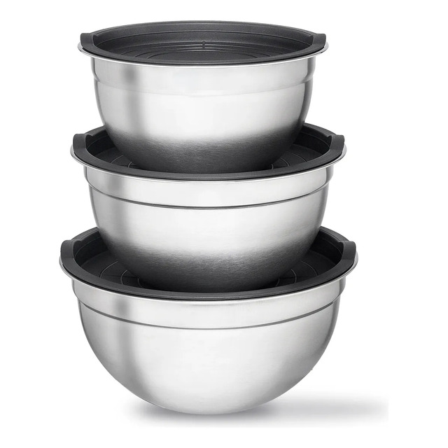 Conjunto De Bowls Tigela Inox Com Tampa Plástica Bumper Cinza