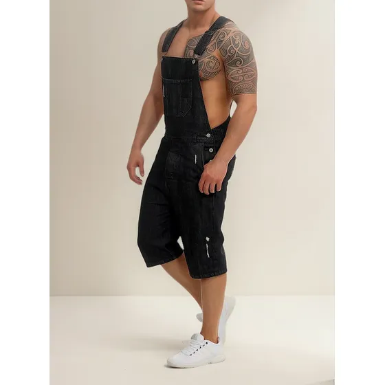 Su Mono De Mezclilla For Hombre, Corto, Simple, Con
