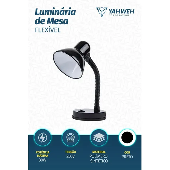 Luminária De Mesa Abajur Com Haste Flexível Escritório Quarto Decorativa Bivolt Preta