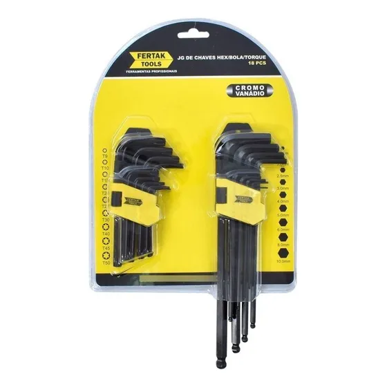Conjunto De Chaves Hex/bola/torque 18 Peças Variadas Fertak Cor Preto