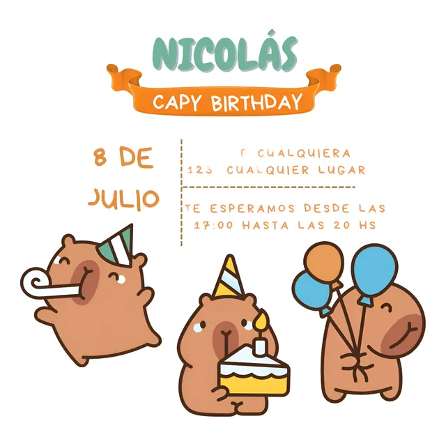Tarjeta De Cumpleaños Capibara Invitación Capybara Digital