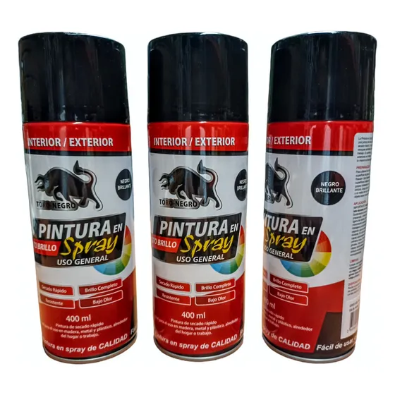 3 Unidades Spray Uso General Negro Brillante 400 Ml