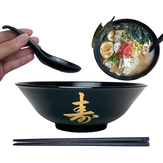 Kit P Sopa Japonesa Com Tigela 1000ml + Colher Preta + Hashi