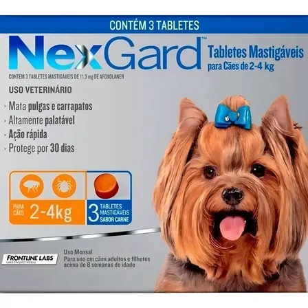 NexGard Antipulgas e Carrapatos Comprimidos para cão de 2kg a 4kg 3 comprimidos Boeringer Ingelhein