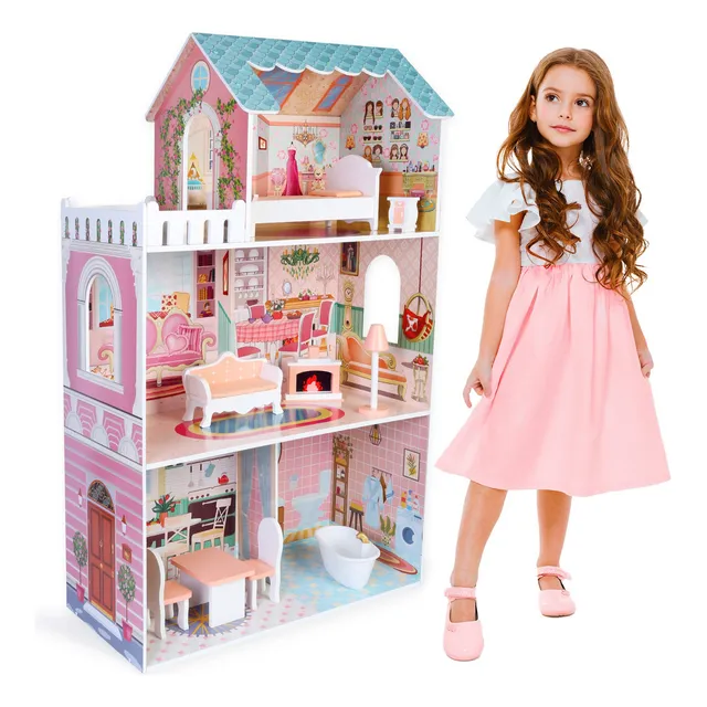 Kids House Casa de Muñecas de Madera con Muebles Daniela, Casita de Juguete para Niñas con 9 Muebles y Accesorios, Hermosos Detalles, Amplia y Divertida, Ideal para Muñecas Grandes