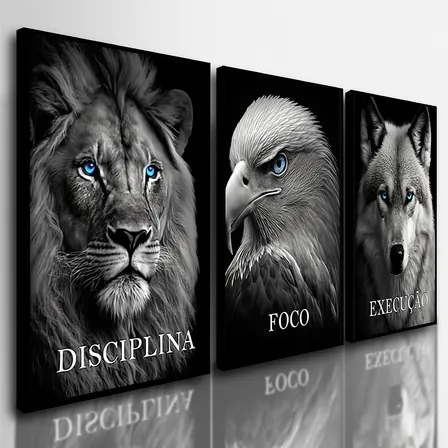 Quadros Decorativos Leão Águia Disciplina Motivação 3 Peças . Borda Infinita