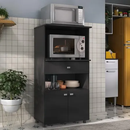 Balcão Multimóveis Multiuso Forno e Microondas Branco REF. 4060G 2 Portas e 1 Gaveta Preto