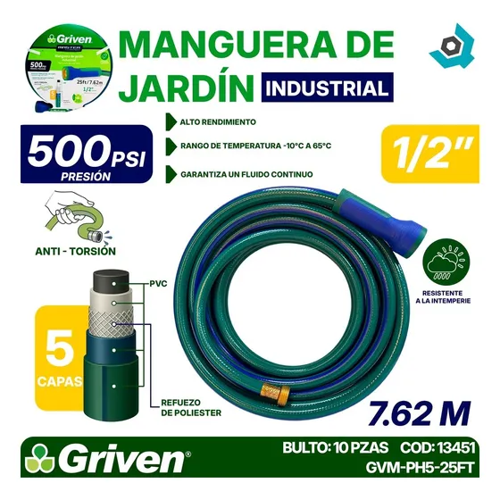 Manguera Culebra 1/2 7.62m 500psi Griven