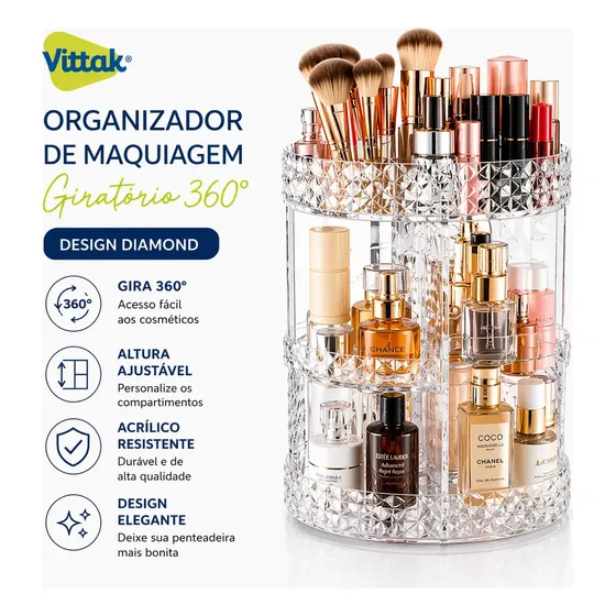 Vittak Organizador Maquiagem Cosméticos Batom Acrílico Giratório 360º Ajustável