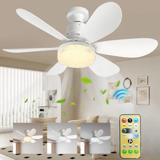 Ventilador De Techo Con Control Remoto Lámpara Ventilador De Luz Ajustables Ventilador Focos De 3 Velocidades Para 6 Aspas Ventilador De Plástico Color Blanco Ventiladores 52cm De Diámetro 40w