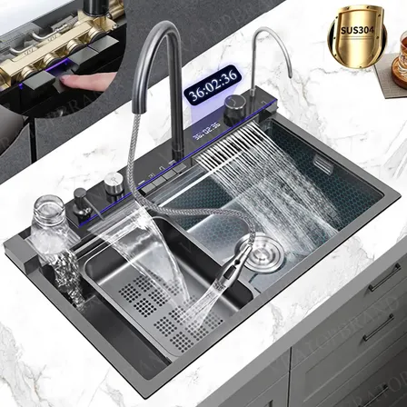 Tarja Fregadero De Cocina Inoxidable 304 Cascada Acerogrifo De Latón Macizo80×46×23 Cm Apto Para Múltiples Escenarios Resistente A Aceite Y Suciedad Vratopbrand Negro Ms8046negro