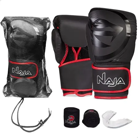 Kit Luva Boxe Muay Thai Naja Black Bandagem + Bucal Cor Vermelho Tamanho 14oz