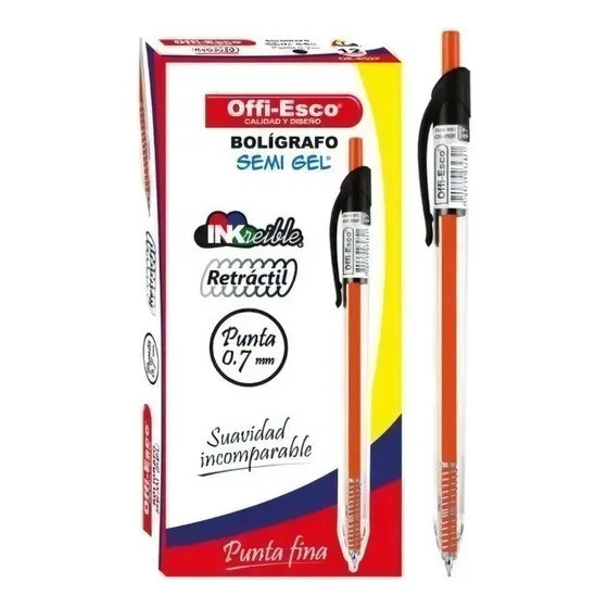 Esfero Retractil 12 Und Semigel - Unidad  Tinta Negro Exterior Negro