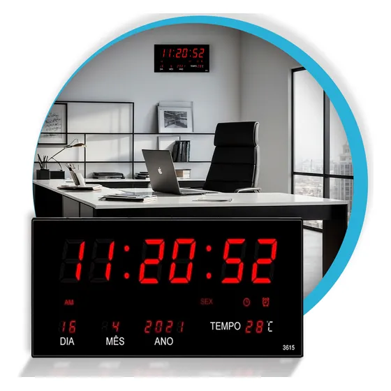 Relógio De Parede Led Digital Grande Alarme Calendário Termômetro Recepção Hall Entrada Academia Data Hora Temperatura Dia Mês Ano Memória Bivolt 110/220 Cor Preto