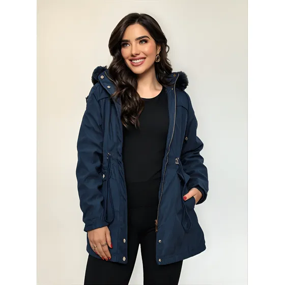 Casaco Feminino Parka De Sarja Sobretudo Forrado Com Pelúcia