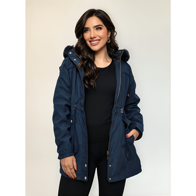 Casaco Feminino Parka De Sarja Sobretudo Forrado Com Pelúcia Casaco Feminino Parka De Sarja Sobretudo Forrado Com Pelúcia