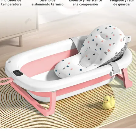 Tina Bebe Bañera Plegable Termometro Malla de Cojin Baño Color Rosa ANIKIDS
