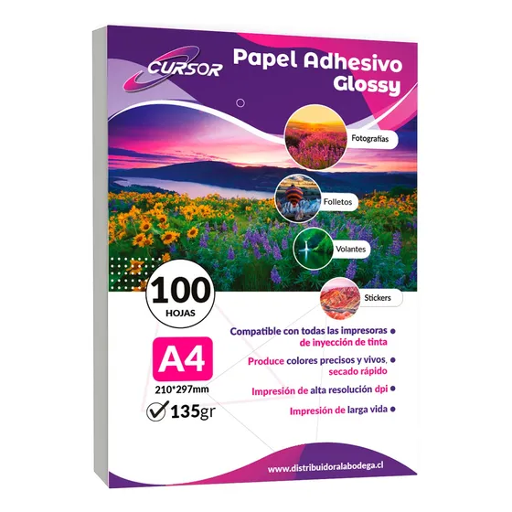 Papel Fotográfico Adhesivo Glossy Brillant 135 Gr A4 100 Hjs