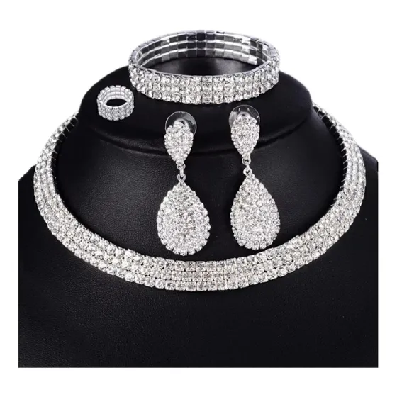 Conjunto Colar Chocker Pulseira Brinco Anel Noiva Strass