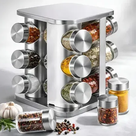 Porta Tempero Giratório 360 Com 12 Potes Vidro Suporte Inox Condimento Cozinha Formato Quadrado