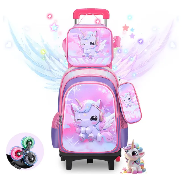 Mochilas Escolares FAMXUB Con 6 Ruedas Para Niña, Mochila Escolar Para Mujer Con Bolso De Mano Y Caja De Papelería, Mochila 3d Unicorn Viaje 6-15 Años