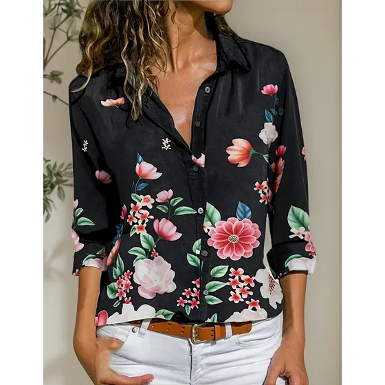 Playera Para Mujer, Camisa Con Botones Estampados Y Flores C