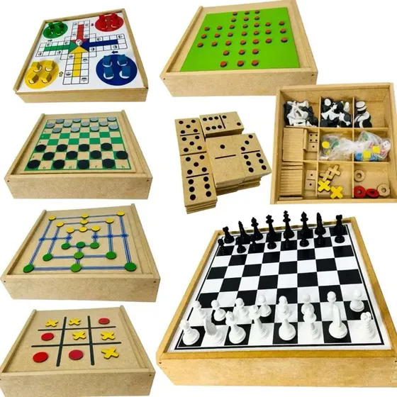 Jogos 7 em 1 Xadrez Dama Jogo Velha Ludo trilha Dominó Resta 1 Madeira