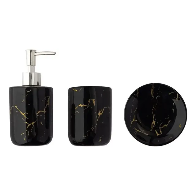 Kit Banheiro Lavabo Jogo 3 Pç Sabonete Dispenser Marmorizado Preto