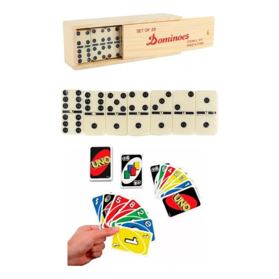 Juego Domino 28pzs En Caja De Madera + Cartas Uno Clasicas