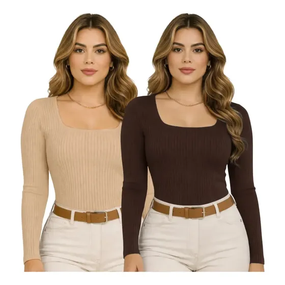 Kit 2 Blusas Feminina Inverno Manga Longa Frio Casual Básica