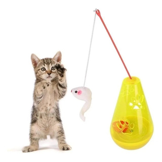 Juguete Interactivo Para Gato 2 En 1 Con Cascabel Y Ratón Color Amarillo Juguete Interactivo Para Gato 2 En 1 Con Cascabel Y Ratón Color Amarillo
